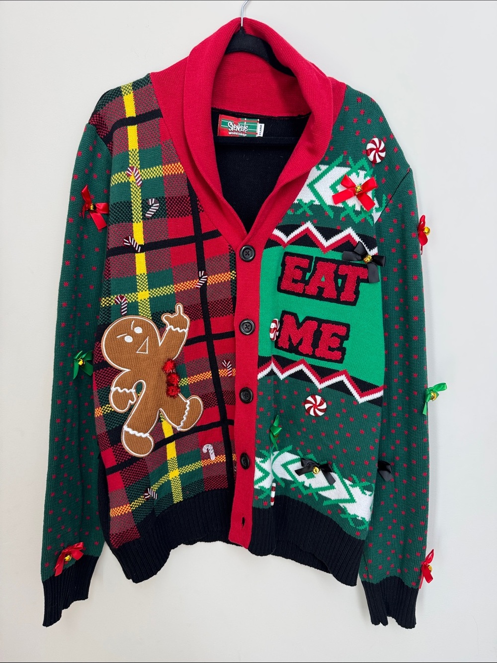 Spencers Ugly Christmas Sweater Cardigan XL Light Up Gingerbread Naughty NWT